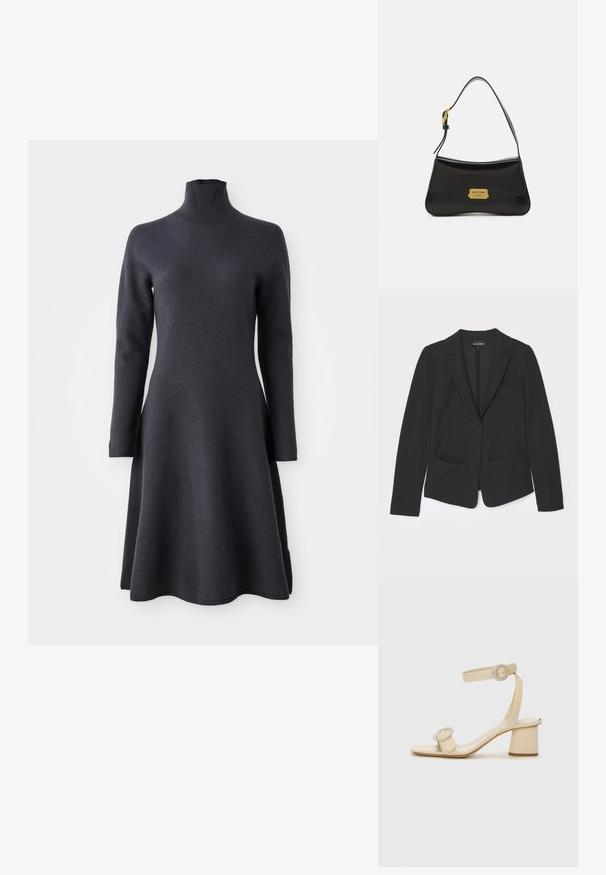 Juodas švarkas, pagamintas iš tekstūruoto audinio, su vienu mygtuku užsegimu, išsiskiriančiais atvartais ir dviem priekinių kišenių.; Tamsiai pilka, ilgomis rankovėmis suknelė su aukštu kaklu. A formos siluetas, minkšta tekstūra ir apačia, kuri platėja.; Šviesiai rudos spalvos aukštakulniai šlepetės minimalistiniu dizainu, su dviem apvaliais akcentais ir masyviu kulnu. Pagamintos iš lygaus odos.; Juodas odinis rankinė su kreiva forma, auksine logotipo plokšte ir plona petine dirželiu. Lygus paviršius su blizgiu apdailu.