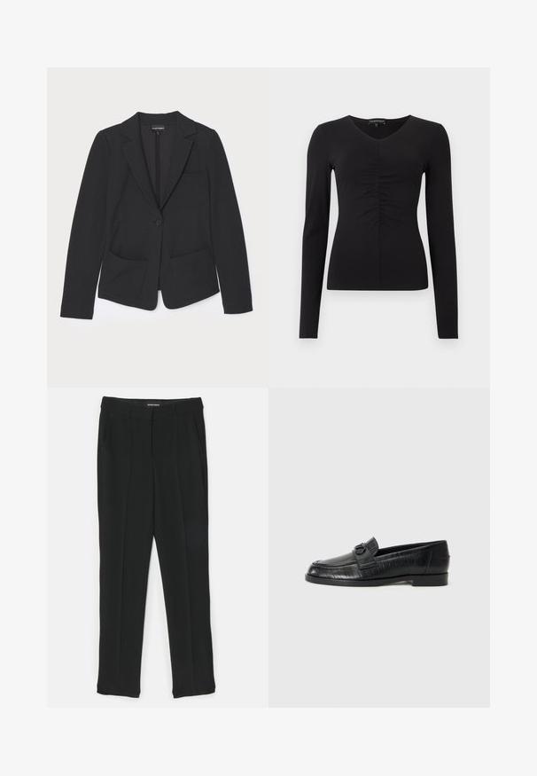 Mustan tekstuuriga kangast bleiser, millel on üksnuppuline kinnis, lõikega kraed ja kaks esikotti.; Must pika varrukaga pluus V-kaelusega ja esiküljel volangudetailiga, tehtud siledast kangast. Keha järgiv siluett ja minimalistlik disain.; Mustastest pükstest sirge lõikega disain, mis sisaldab voldikuid, küljetaskuid ja siledat tekstuuri. Valmistatud kergetest kangast.; Mustad mustad nahast loafersid siledast pealsest, kerge embosseeritud joontega mustriga ja dekoratiivse sukkpüksiga vampi osas. Madal, plokk-kand.