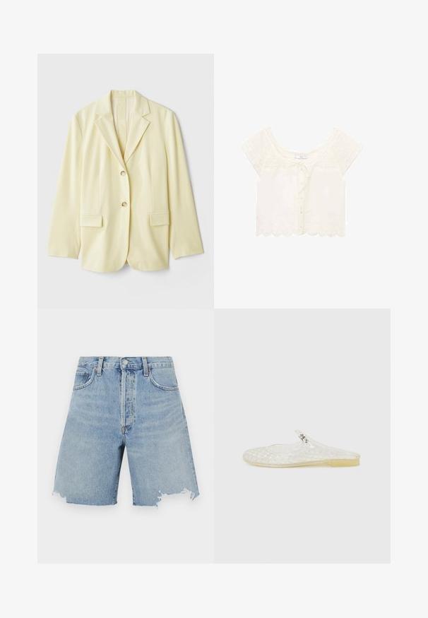Hellgelber Blazer aus glattem Stoff, mit Reverskragen, zwei vorderen Taschen und zwei Knöpfen. Figurbetonte Silhouette mit geradem Schnitt.; Mango PRETTY - Bluse - off-white; Hellblaue Jeansshorts mit hoher Taille, fransigem Saum, zwei Fronttaschen und klassischem Fünf-Taschen-Design.; Transparenter Kunststoff-Schlupfschuh mit einem Gittermuster, runder Zehenpartie und einem kleinen silbernen Akzent an dem Riemen. Flexibler, durchsichtiger Sohlen.