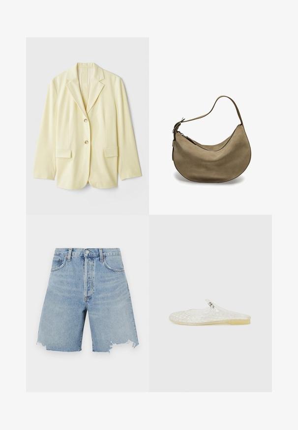 Jasnożółta marynarka wykonana z gładkiego materiału, z wyłogowym kołnierzem, dwiema przednimi kieszeniami oraz dwoma guzikami. Dopasowany krój z prostymi liniami.; Mango PRETTY mleczny; Jasnoniebieskie szorty dżinsowe z wysokim stanem, z postrzępionym dołem, dwoma przednimi kieszeniami i klasycznym pięciokieszeniowym fasonem.; Przezroczyste plastikowe buty wsuwane z wzorem w kratkę, zaokrąglony czubek i mały srebrny akcent na pasku. Elastyczna podeszwa w przezroczystym kolorze.; Brązowa zamszowa torba hobo o zaokrąglonym kształcie, z pojedynczym paskiem na ramię, z zamkiem błyskawicznym i gładką strukturą. Prosty design z minimalną ilością detali metalowych.