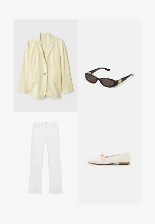 Světle žlutý blazer z hladkého materiálu, s klopovým límcem, dvěma předními kapsami a dvěma knoflíky. Zúžený silueta s rovný střih.; Krémový rolák s dlouhým rukávem vyrobený z měkké látky, s přiléhavým límcem a jednoduchým designem, dlouhými rukávy a rovnými lemy.; Bílé rozšířené džíny z hladké bavlněné látky, s pěti kapsami, kovovým knoflíkem na zapínání a poutky na opasek. Nohavice mají mírně upravený detail.; Bílé kožené loafers s plochou podrážkou, zdobené zlatým sponkovým detailem a hladkým povrchem. Klasický design s jednoduchými liniemi.; Brýle sluneční s kočičím vzorem, prodloužené oválné čočky, hnědý odstín, zlaté logo na spáncích a elegantní černé nožičky.