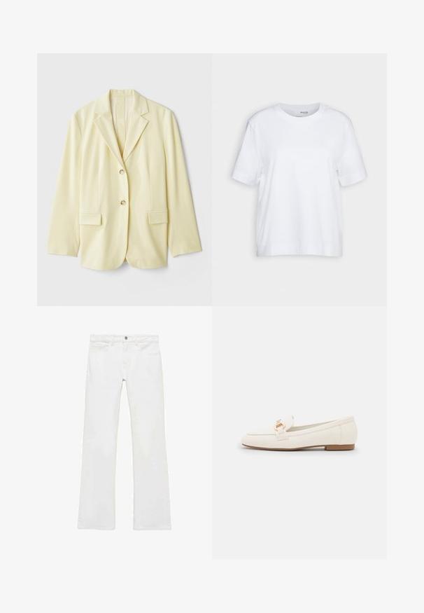 Light yellow blazer made of smooth fabric, featuring a notched lapel, two front pockets, and two buttons. Tailored silhouette with straight cut.; White short-sleeve t-shirt, crew neck, made of soft, smooth cotton fabric, with a straight hem and minimal detailing. Plain and versatile design.; White flared jeans with a smooth cotton fabric, five pockets, a metal button closure, and belt loops. The legs have a slight finessing detail.; White leather loafers with a flat sole, featuring a gold-tone buckle detail and a smooth finish. Classic design with simple lines.