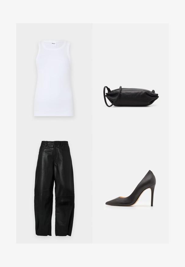 Black and gray checkered blazer with a lapel collar, double-breasted front, two front pockets, and textured fabric.; White sleeveless tank top made of ribbed cotton. Features a round neckline and a fitted silhouette. No visible patterns or accents.; Black leather pants with a loose fit, featuring a straight leg design, front pockets, and visible stitching details.; Black leather high-heeled pump with a pointed toe and smooth texture, featuring a slender heel and minimalistic design.; Black leather clutch bag with a rectangular shape, smooth texture, thin shoulder strap, and minimalistic design.