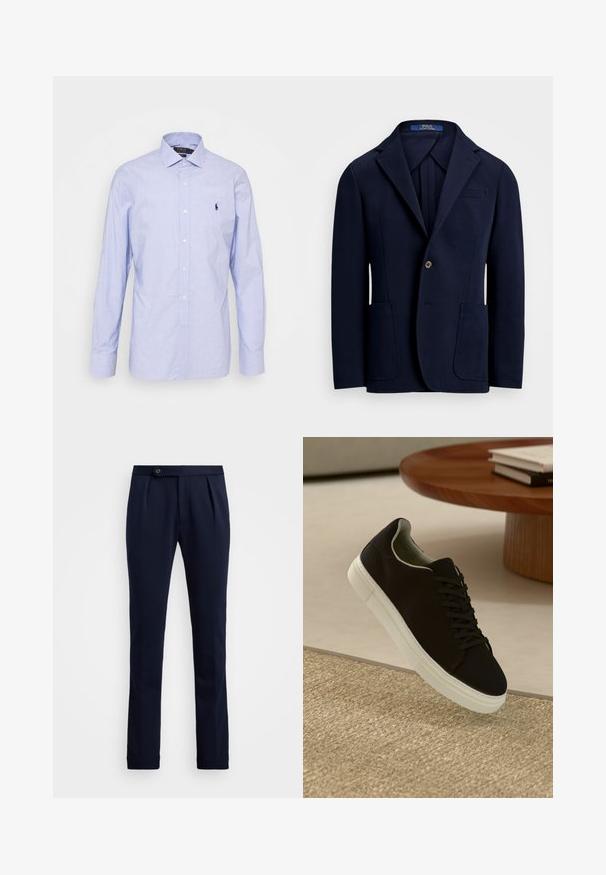Sacou de marină din țesătură fină, cu rever tăiat, două buzunare frontale și închidere cu un singur nasture, având un ușor luciu.; Cămașă butonată cu mânecă lungă, de culoare albastru deschis, confecționată dintr-un material moale. Prezintă un guler clasic, placket frontal și un mic logo brodat pe piept.; Pantaloni ajustați de culoare bleumarin, cu pliuri frontale, închidere cu un buton pe lateral la talie și un croi slim straight.; Pantof din material textil negru, cu talpă albă, plutind deasupra unui covor texturat bej, lângă o masă rotundă din lemn cu cărți stivuite.
