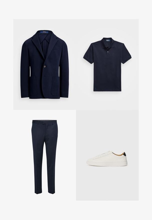 Mornarski blejzer iz gladkega materiala, s pokončnim ovratnikom, dvema sprednjima žepoma in zapiranjem na en gumb s rahlim sijajem.; Mornarsko modra polo majica iz strukturirane tkanine, z dvema gumboma na zapenjanju in majhnim vezenim logotipom na robu. Kratki rokavi.; Mornarske hlače iz gladkega materiala, z ravnim sprednjim delom, poševnimi žepi in naravnim krojem. Minimalistične brez vidnih vzorcev.; Bela tenisa s gladkim usnjem, okroglo konico in ravnim podplatom. Črn poudarek na peti, s toniranim vezalkami in minimalnim označevanjem.