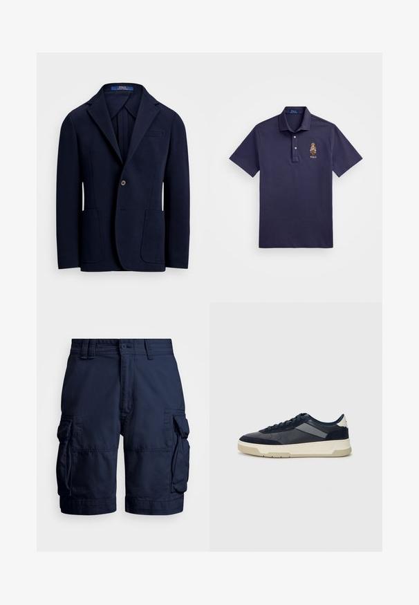 Navy blazer made of smooth fabric, featuring a notched lapel, two front pockets, and a single button closure with a slight sheen.; Polo Ralph Lauren CUSTOM SLIM POLO BEAR MESH POLO SHIRT - Polo shirt - faded blue bear; Navy blue cargo shorts made of lightweight fabric, featuring multiple side pockets, a button closure, and a straight hem.; BOSS BALTIMORE - Trainers - open blue