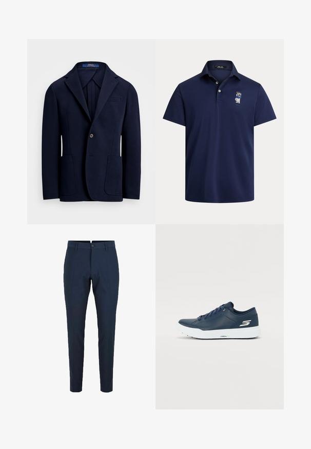 Marineblazer laget av glatt stoff, med skrått revers, to frontlommer og en enkelt knappelukking med en liten glans.; Marineblå polotrøye laget av mykt stoff, med en krage med tre knapper og en liten brodert figurdetalj på venstre bryst.; Marineblå skreddersydde bukser med beltehemper, frontfold og slim fit-design. Laget av lett, glatt stoff.; Marineblå sneakers med glat syntetisk overdel, polstret krave og hvid sål. Har logo på siden og flade snørebånd for sikker pasform.