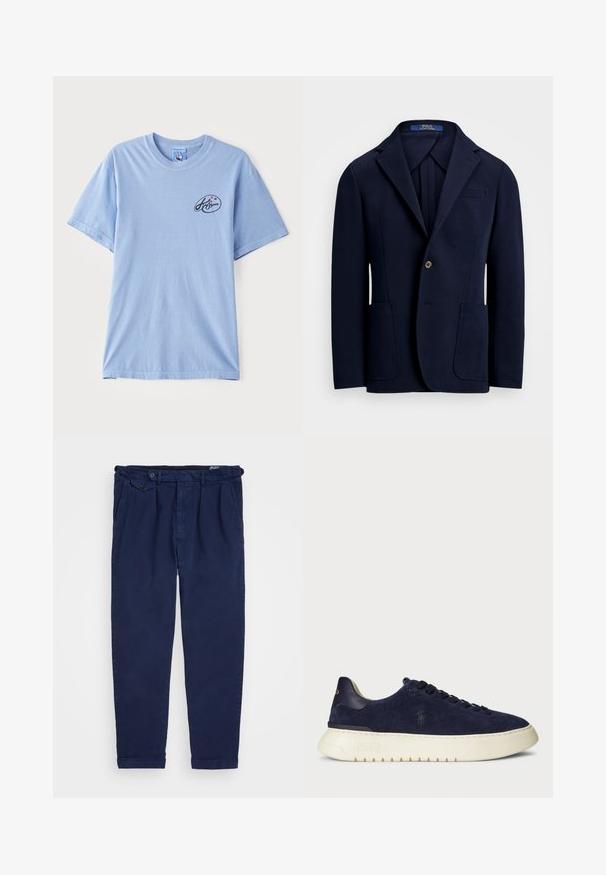 Tumesinine bleiser, mis on valmistatud siledast kangast, paelub nurgelise kraega, millel on kaks esi-taskut ja ühe nööbiga kinn closure, kerge läikega.; Heled sinine lühikeste varrukatega T-särk, mis on valmistatud puuvillast, esiküljel vasakul rinnal on väike must logo koos värviliste punktidega. Klassikaline ümmargune kaelus.; Tumesinine puuvillased chinos, sirge lõikega, ees olevate voldikute, nööpkinniamise ja rullitud varrukatega. Sile tekstuur ja minimaalne disain.; Tumesinine sametist madalate sneakeritega jalats, millel on tekstuuritud pind, kummist tallad ja toonilised nöörid, ning kellel on külje- ja kantavad logosid.
