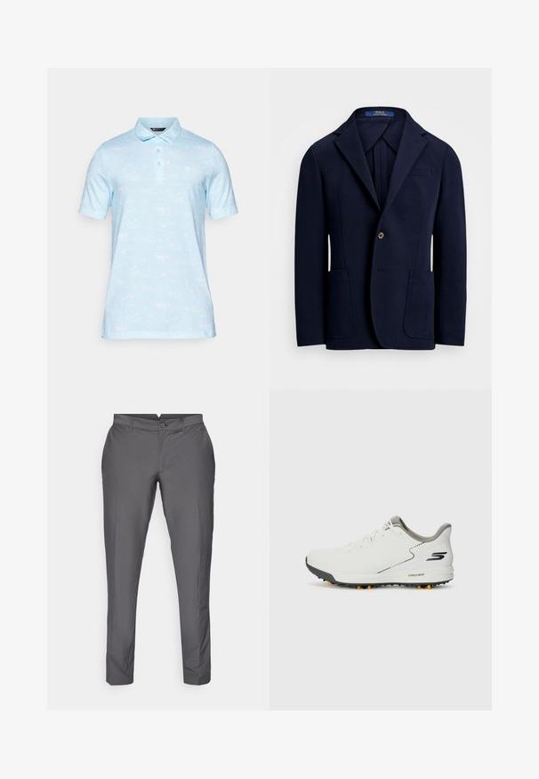Námornícky blazer vyrobený z hladké látky, s jarním klopem, dvěma předními kapsami a zapínáním na jeden knoflík s mírným leskem.; Světle modré polo tričko s krátkým rukávem a límečkem, s jemným vzorem lodí a palmami. Měkká textilie.; Šedé kalhoty vyrobené z hladké tkaniny. Mají štíhlý střih s plochým předním dílem, poutky na opasek a zapínání na knoflík. Klasický design.; Bílé sportovní boty s hladkým svrškem, šedými akcenty a texturovanou černou podrážkou se oranžovými hroty. Lehké provedení zaměřené na pohodlí.