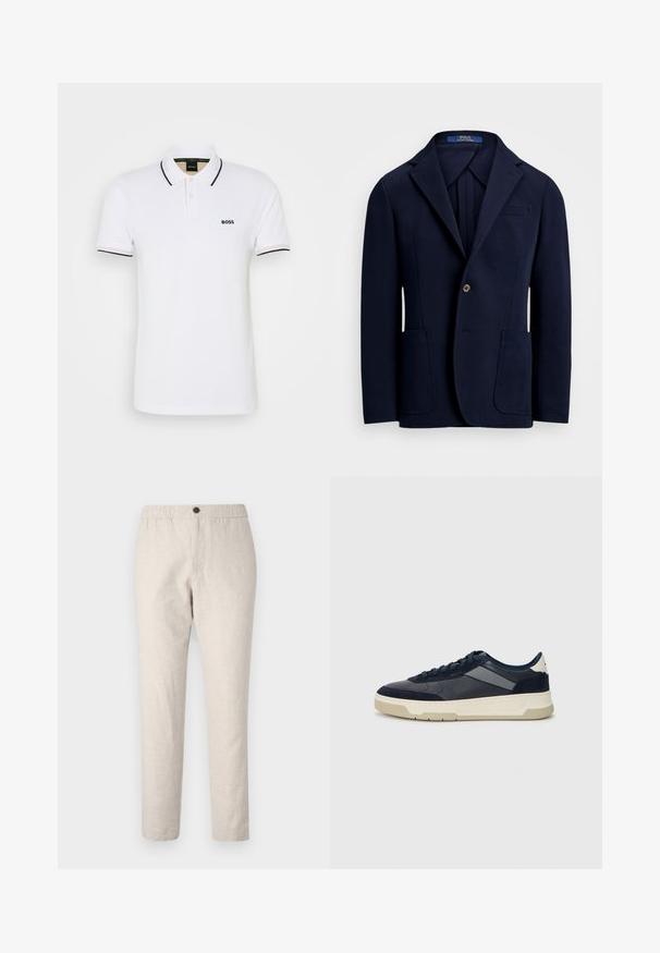 Marineblazer laget av glatt stoff, med skrått revers, to frontlommer og en enkelt knappelukking med en liten glans.; Hvit polo skjorte laget av bomull, med en to knappers pløtt, svart trim på kragen og ermene, og en liten, brodert "BOSS" logo.; Lys beige linbukser med elastisk talje, en enkelt knaplukning og et enkelt, tilspidset design.; BOSS BALTIMORE - Joggesko - open blue