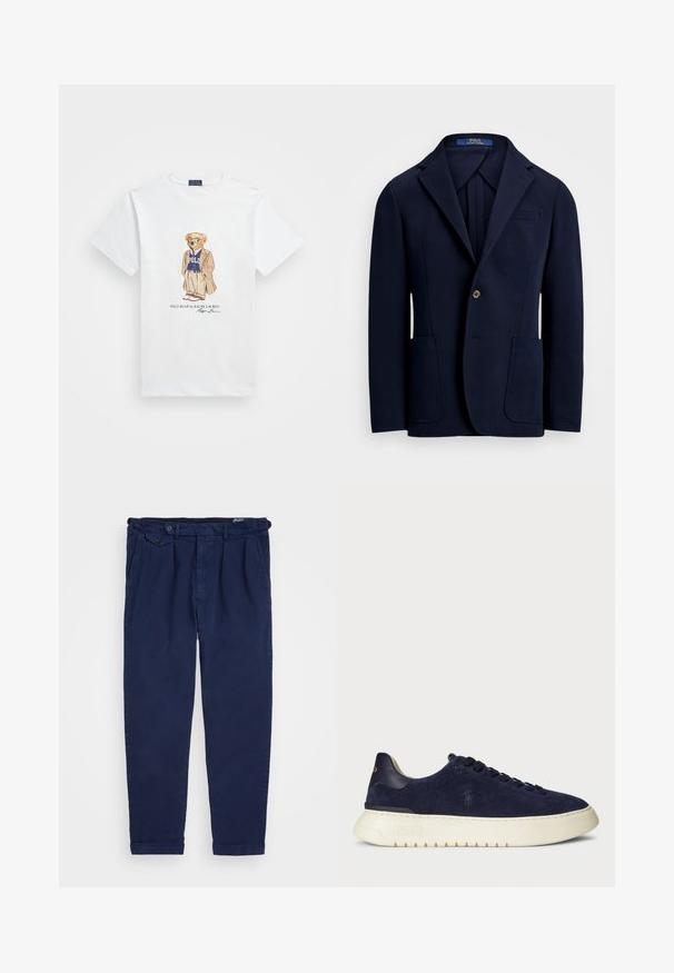 Jūras zilas krāsas uzvalka žakete, kas izgatavota no gludas auduma, ar izgriezumu, divām priekšējām kabatām un vienu pogu, ar nedaudz spīdīgu apdari.; Balta kokvilnas T-kreklu ar karikatūras lāci saulesbrillēs, kuru valkā uzvalka un purpura "Polo" džemperī. Zīmējuma apakšā ir paraksts.; Kokvilnas jūras zila chinos bikses ar taisnu kāju griezumu, priekšējām krokām, pogu aizdari un sarullētām piedurknēm. Gluda tekstūra ar minimālisma dizainu.; Jūras kara flotes zamšādas zemas kedas ar strukturētu virsmu, gumijas zoli un tonālām šņorēm, ar mazu logotipu uz sāna un papēža.