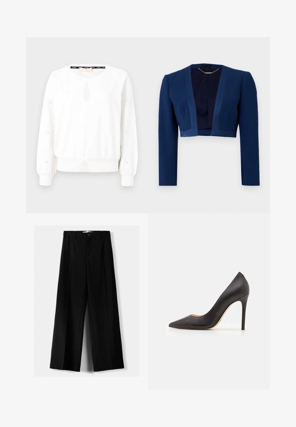 Námornícky modrá skrátená bunda s dlhými rukávmi, vyrobená z hladkej tkaniny, s hlbokým výstrihom do V a minimalistickým dizajnom.; Biely sveter s okrúhlym výstrihom, predným detailom v tvare kľúčovej dierky a gombíkovými akcentmi na rukávoch. Má zúžený pás a rebrované manžety.; Čierne široké nohavice z ľahkého materiálu, s predným zapínaním na gombík a plochým predným dielom, s pekne ušitými lemami.; Čierne kožené lodičky na vysokom opätku s špicatou špičkou a hladkou textúrou, s štíhlym opätkom a minimalistickým dizajnom.