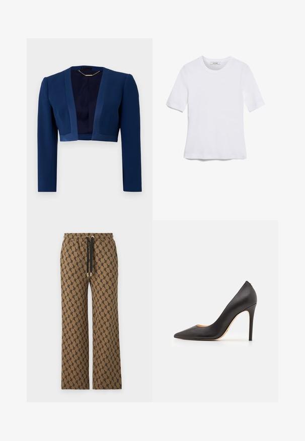 Mørkeblå cropped jakke med lange ærmer, lavet af glat stof, med en dyb V-udskæring og minimalistiske design detaljer.; Hvid kortærmet t-shirt lavet af ribbet stof. Rund halsudskæring, almindelig pasform og subtile syninger. Ingen mønstre eller grafik.; JOOP! TABBY - Træningsbukser - medium brown; Sort læder højhælede sko med spidse tæer og glat tekstur, der har en slank hæl og et minimalistisk design.