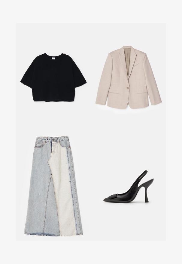 Béžový strukturovaný blazer, zapínání na jeden knoflík, vystouplé klopy, textilní látka s jemnými vzory, dvě přední kapsy, nezašitý interiér.; Černý zkrácený svetr vyrobený z měkké látky, s kulatým výstřihem a krátkými, širokými rukávy, s jednoduchým, minimalistickým designem.; Černé zkrácené tričko vyrobené z měkké bavlny, má krátké rukávy, kulatý výstřih a čistý lem bez zdobení.; Džínová sukně s patchwork vzorem obsahující světlé a středně modré části, roztrhané okraje a vysoký pas. Klasický pětikapsový styl.; Černá kožená slingback obuv se špičatou špičkou, úzkým vysokým podpatkem a dekorativním mašličkovým prvkem. Hladká textura a elegantní design.