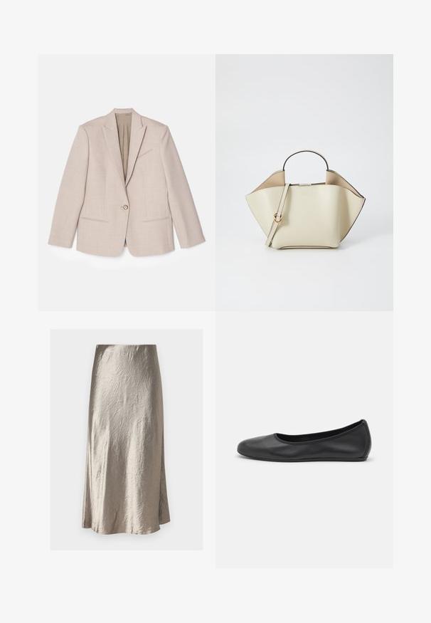 Beige rakennebleiseri, yksittäinen nappikiinnitys, uurrettu kaulus, teksturoitu kangas hienoilla kuvioilla, kaksi etutaskua, vuoriton sisus.; Mustat pitkät hiharatoppi, joka on valmistettu pehmeästä kankaasta. Topissa on pyöreä pääntie ja rento istuvuus, jossa on sivuhalkiot helman kohdalla liikkumisen helpottamiseksi.; Max Mara Leisure ALESSIO - A-linjainen hame - tortora; Musta nahkainen ballerina, jossa on pyöristetty kärki, sileä pinta, minimaalinen ommelkoristelu ja joustava pohjamuotoilu.; Ree Projects ANN - Käsilaukku - beige