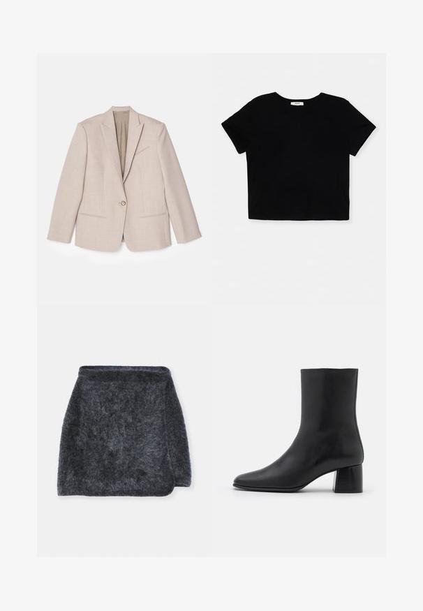 Béžový strukturovaný blazer, zapínání na jeden knoflík, vystouplé klopy, textilní látka s jemnými vzory, dvě přední kapsy, nezašitý interiér.; Černé zkrácené tričko vyrobené z měkké bavlny, má krátké rukávy, kulatý výstřih a čistý lem bez zdobení.; Chlupatá tmavě šedá sukně s jemnou texturou, mírně rozšířeným střihem a zakřiveným lemem. Tkanina vypadá teple a útulně.; Černé kožené kotníkové boty s špičatou špičkou a robustním čtvercovým podpatek. Hladká textura s bezšvovým designem a minimalistickým prošíváním.