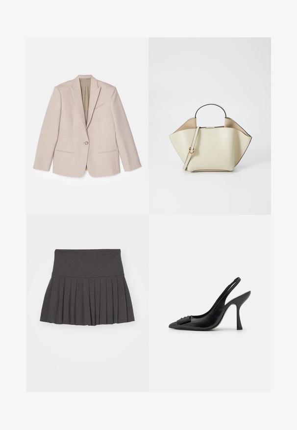 Blazer estruturado bege, fecho de um botão, lapelas recortadas, tecido texturizado com padrões finos, dois bolsos frontais, interior não forrado.; T-shirt cortado preto feito de algodão macio, com mangas curtas, decote redondo e bainha limpa sem adornos.; Norma Kamali SKIRT - Saia evasé - dark heather grey; Sapato slingback de couro preto com bico fino, salto alto esbelto e um detalhe decorativo em forma de laço. Textura suave e design elegante.; Ree Projects ANN - Mala de mão - beige