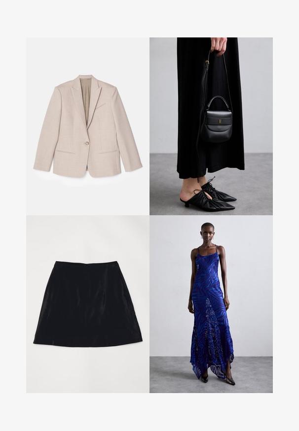 Blazer structuré beige, fermeture à un bouton, revers crantés, tissu texturé avec de motifs fins, deux poches avant, intérieur non doublé.; T-shirt noir court en coton doux, avec des manches courtes, un col rond et un ourlet net sans embellissements.; Jupe A-line noire en velours, au toucher lisse et dotée d'une fermeture éclair discrète au dos. Design simple sans motifs ni accents visibles.; Robe maxi à imprimé animal bleu et violet avec de fines bretelles, un corsage ajusté, un ourlet évasé et des détails en superposition transparente.; Petite sac à main en cuir noir de forme arrondie, avec une poignée supérieure et une bandoulière amovible. Porté avec une robe en tissu noir et des chaussures plissées noires.