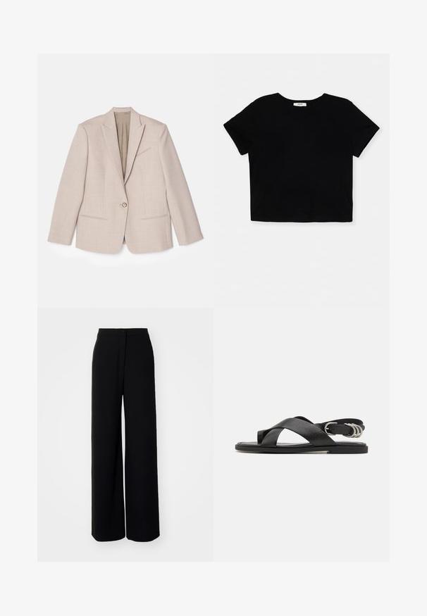 Blazer structuré beige, fermeture à un bouton, revers crantés, tissu texturé avec de motifs fins, deux poches avant, intérieur non doublé.; T-shirt noir court en coton doux, avec des manches courtes, un col rond et un ourlet net sans embellissements.; Pantalons larges noirs à taille haute, en tissu lisse, avec fermeture à bouton à l'avant et sans poches visibles, offrant une coupe tailleur.; rag & bone GIA TOE LOOP - Sandales - black