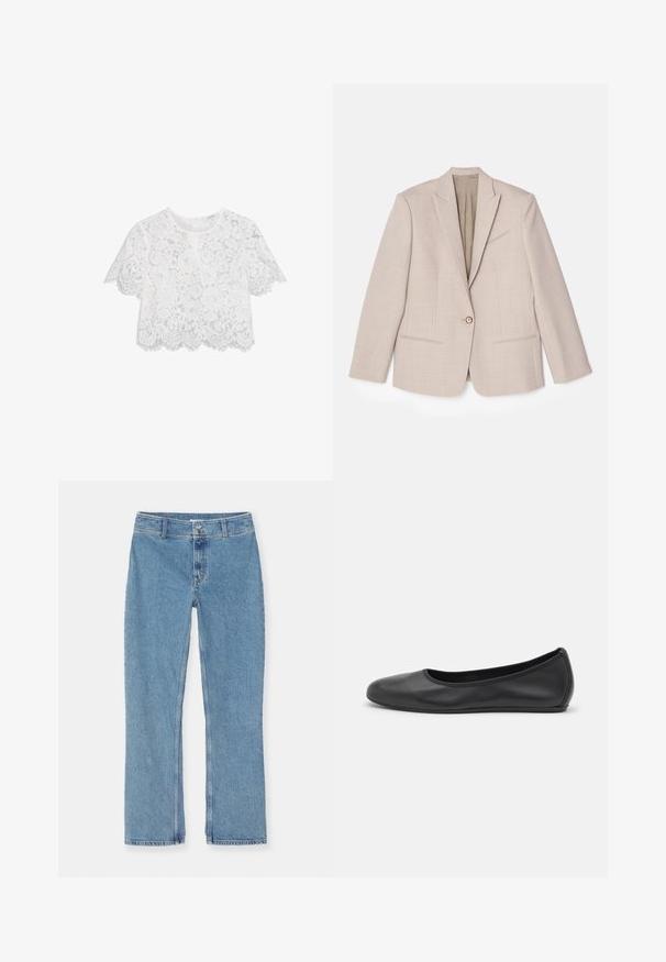 Beige strukturierter Blazer, Ein-Knopf-Verschluss, Reverskragen, strukturierter Stoff mit feinen Mustern, zwei Vordertaschen, ungefüttertes Innenfutter.; Weißes Spitzen-Crop-Top mit kurzen Ärmeln, Blumenmuster, gewelltem Saum und einer subtilen strukturierten Optik. Mit einem Reißverschlussverschluss im Rücken.; Helle blaue gerade geschnittene Jeans aus Denim mit Knopf- und Reißverschluss, Gürtelschlaufen und Standardnähten auf weißem Hintergrund.; Schwarze Leder-Ballettschuhe mit abgerundeter Spitze, glatter Textur, minimalen Nähdetails und einem flexiblen Sohlen-Design.