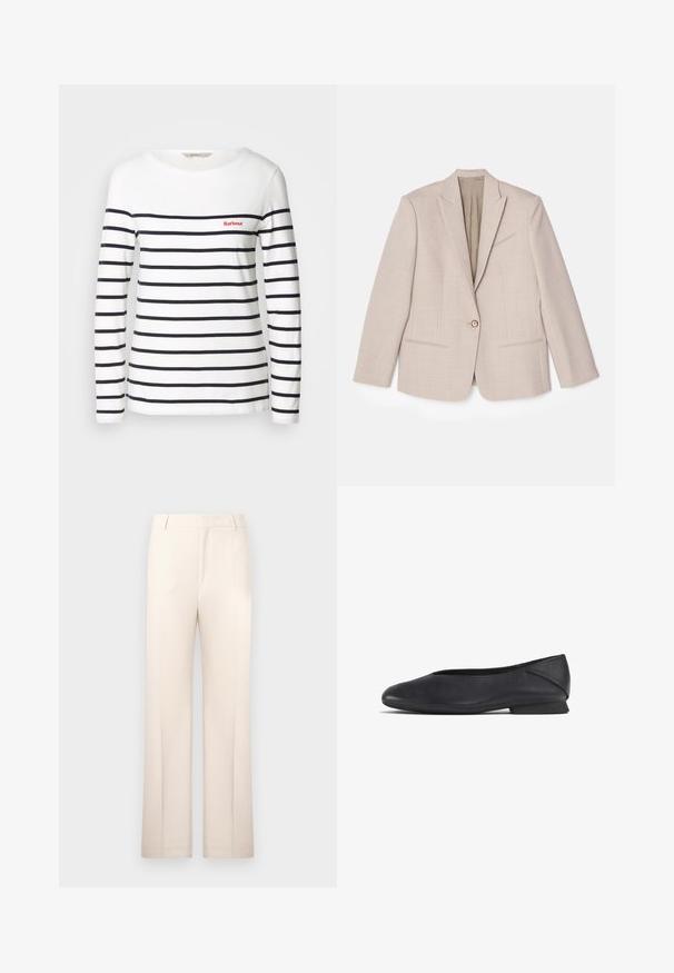 Beige strukturierter Blazer, Ein-Knopf-Verschluss, Reverskragen, strukturierter Stoff mit feinen Mustern, zwei Vordertaschen, ungefüttertes Innenfutter.; Langärmeliges gestreiftes T-Shirt aus weißer Baumwolle mit horizontalen dunkelblauen Streifen und einem kleinen roten Logo auf der Brust. Klassischer Rundhalsausschnitt.; Beige maßgeschneiderte Hose mit geradem Schnitt, aus leichtem Stoff gefertigt. Sie verfügt über Vorderfalten und einen klassischen Bund.; Schwarze Lederflats mit runder Zehenpartie und niedrigem Absatz, geeignet für Freizeit- oder formelle Anlässe.
