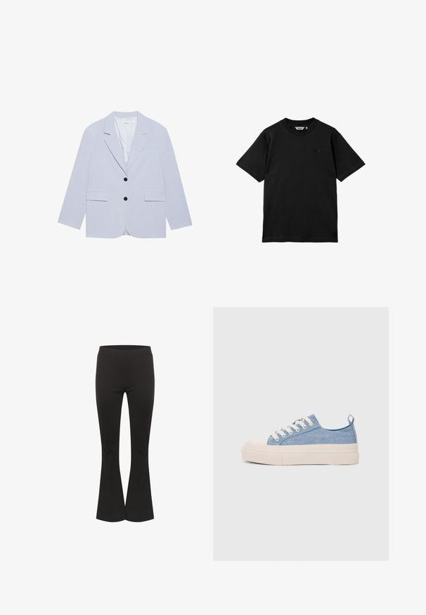 Even&Odd - Żakiet; Czarna bawełniana koszulka z krótkim rękawem, okrągłym dekoltem i subtelnym detalem logo na piersi. Gładka tekstura, klasyczny krój.; Czarne spódnie w kształcie dzwonów z dopasowanym stanem i gładkim materiałem, pokazane w pozycji pionowej na białym tle.; Jasnoniebieskie płócienne sneakersy z kremowym czubkiem z gumy i podeszwą, z białymi sznurówkami i pętelką na pięcie.