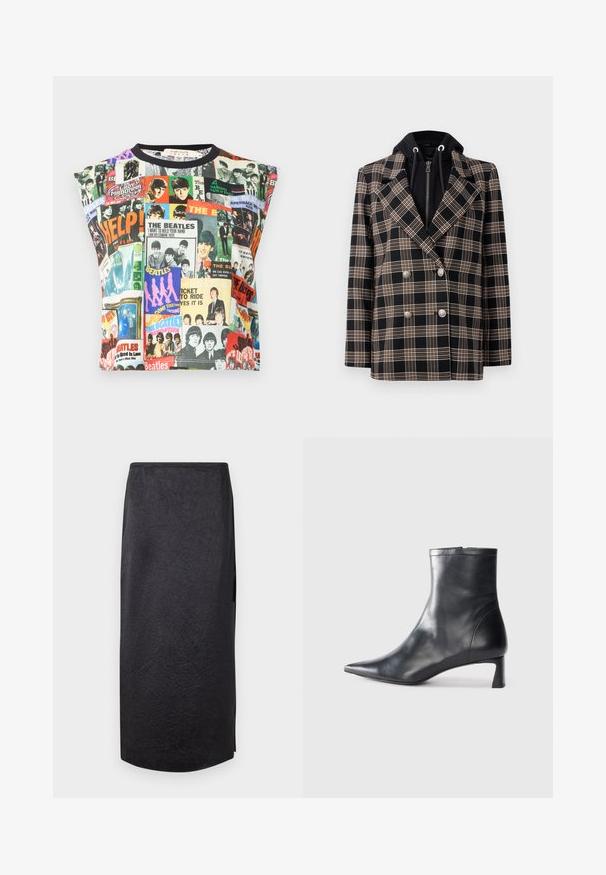 Schwarz-weißer karierter doppelreihiger Blazer mit silbernen Knöpfen und einer schwarzen Kapuze. Mit Spitzrevers und einer strukturierten Passform.; Alice + Olivia MICAH MUSCLE TANK - Top - twist and shout; Schwarzer Midirock mit einer zerknitterten Textur, geradem Schnitt und seitlichem Schlitz. Das Material wirkt leicht. Der Saum ist leicht gerundet.; Schwarze Lederstiefelette mit spitzer Zehe und schlankem Design. Verfügt über einen niedrigen Absatz und einen Reißverschluss hinten. Glatte Textur.