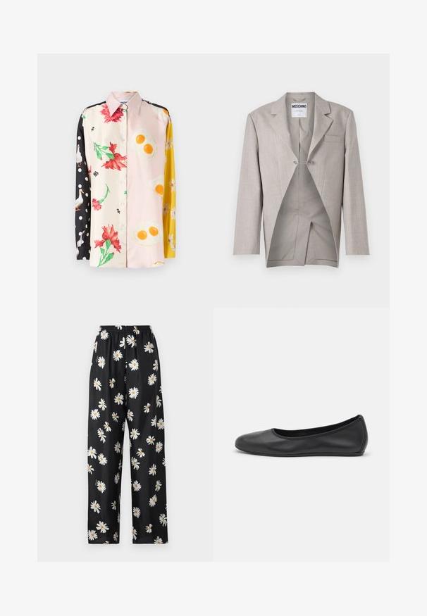 Hellgrauer Blazer mit strukturiertem Finish, ausgestattet mit einer einzelnen Brusttasche und einem sichtbaren Innenfutter, das einen einzigartigen Schnitt und Details mit silbernem Verschluss aufweist.; Bunte Hemd mit Knopfleiste, das Blumen- und Lebensmittelmuster zeigt; Materialien umfassen Seide. Schwarze Punkte auf einem Ärmel; gelbe Blumenakzente.; Schwarze Schlafanzughosen aus leichtem Material mit einem elastischen Bund, versehen mit einem weißen Gänseblümchenmuster und orangefarbenen Zentren über das gesamte Kleidungsstück.; Schwarze Leder-Ballettschuhe mit abgerundeter Spitze, glatter Textur, minimalen Nähdetails und einem flexiblen Sohlen-Design.