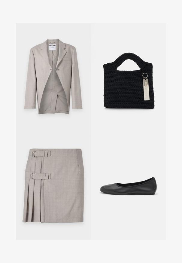 Gai pelēks žakets ar strukturētu apdari, ar vienu krūšpocket un redzamu iekšpusi ar unikālu griezumu un sudraba aizdari.; Melna bezpaudze topiņa ar sakārtotu audumu, sānu savilkumu un pagarinātu fringu, ar gludu tekstūru un pieguļošu siluetu.; Pelēka svārku ar strukturētu audumu, sānu krokiem un diviem sprādzes akcentiem pielāgojamai piegulšanai. Klasiska taisna forma, līdz ceļiem.; Melna ādas baleta kurpe ar noapaļotu purngalu, gludu tekstūru, minimālu šuvju detalizāciju un elastīgu zoles dizainu.; Won Hundred MARSIELLE COMPUTER BAG UNISEX - Klēpjdatora soma - black