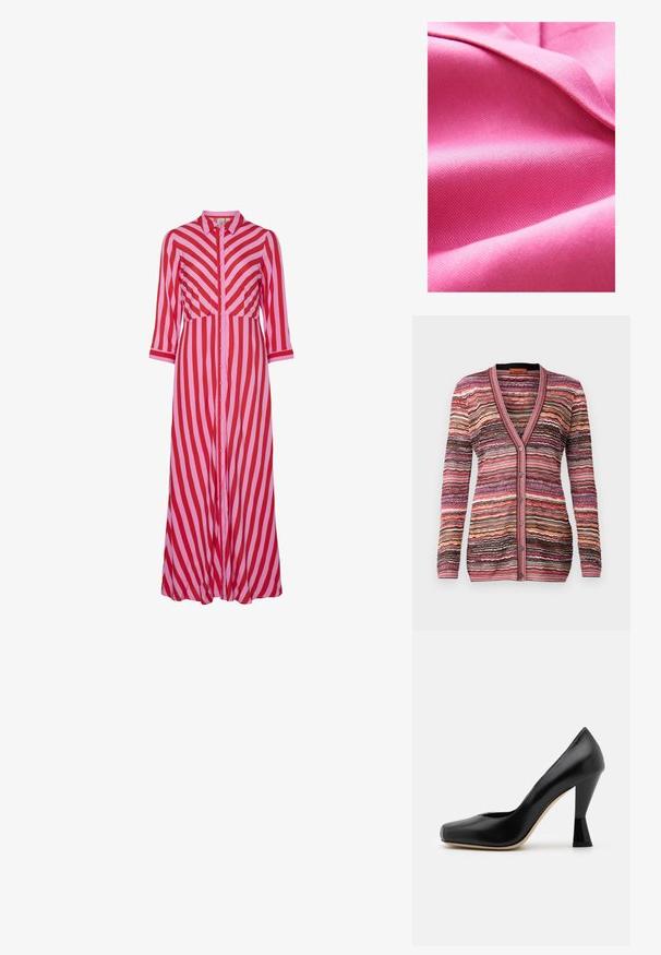 Ruusunvärinen kangas, sileä ja vähäisellä kiillolla, jossa on viistopinta-ansyiituskuvio ja pehmeä roso. Rikas väri-intonointi parantaa visuaalista vetovoimaa.; Monivärinen villatakki, jossa on aaltoileva raidallinen kuvio pinkin, ruskean ja kerman sävyissä. Siinä on V-pakkaus, napitus ja ribbaus hihansuissa.; Pitkä napitettavat mekko, jossa on vuorotellen punaisia ja vaaleanpunaisia vinoja raitoja. Valmistettu kevyestä materiaalista ja kolmivartisista hihoista.; Mustat nahkasaappaat, joissa on korkea korko, neliön muotoinen kärki ja ainutlaatuisesti muotoiltu kiiltävä musta korko. Sujuva pinta ja yksinkertainen muotoilu.