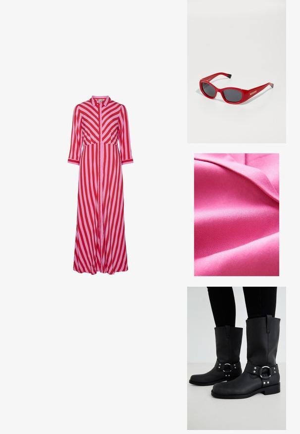 Tekstuuriga roosa kangas, sile ja kerge läikega, millel on diagonaalne kudumis muster ja pehme riputamine. Rikkalik värvitoonus suurendab visuaalset atraktiivsust.; Pikk nööpidega kleit, millel on vahelduvad punased ja roosad diagonaalsed triibud. Valmistatud kergest materjalist, millel on kolmeveerandsleeved.; ONLY SHOES ONLBAX - Kauboi-/mootorrattasaapad - black; Punased plastist prillid, millel on õhuke ovaalne raam. Omavad tumedaid läätse ja kuldset brändingut küljel. Mustad aktsendid templeite otstes.; Kootud õlest käekott nelinurksel kujul, millel on pruun nahast rihm ja hõbedase tooniga metalldetailid, loomuliku beeži värvi ja tekstuuriga.
