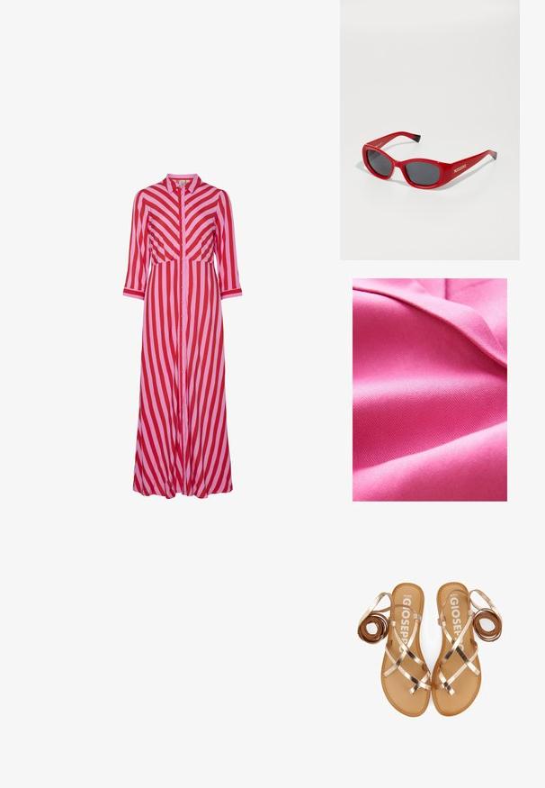 Strukturiertes pinkes Gewebe, glatt mit einem leichten Glanz, das ein diagonales Webmuster und einen weichen Fall aufweist. Die satten Farben verstärken die visuelle Anziehungskraft.; Langes Hemdkleid mit abwechselnden roten und rosa diagonalen Streifen. Hergestellt aus leichtem Material mit Dreiviertelärmeln.; Flache Sandalen mit Riemchen aus metallisch rose-goldenen Riemen, beigem Fußbett und einem minimalistischen Design. Sie verfügen über gerollte Riemen auf jeder Seite.; Rote Plastiksonnenbrille mit einem schlanken, ovalen Rahmen. Verfügt über dunkle Gläser und goldene Brandingdetails an der Seite. Schwarze Akzente an den Enden der Bügel.; Woven Straw-Clutch in rechteckiger Form, mit einem hellbraunen Ledertrageriemen und silberfarbener Hardware, in einer natürlichen beige Farbe und Textur.