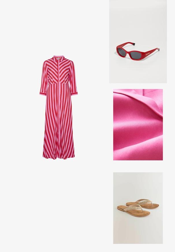 Tessuto rosa in rilievo, liscio con una leggera lucentezza, caratterizzato da un motivo di trama diagonale e una morbida caduta. La ricca saturazione del colore ne esalta l'appeal visivo.; Vestito lungo con bottoni, caratterizzato da strisce diagonali rosse e rosa alternate. Realizzato in materiale leggero con maniche a tre quarti.; Infradito color beige con una soletta imbottita, dotate di dettagli intrecciati in bianco e oro sulla cinghia per un tocco in più.; Occhiali da sole rossi in plastica con una montatura sottile e ovale. Presentano lenti scure e un marchio dorato sul lato. Dettagli neri sugli estremi delle aste.; Borsa a clutch in paglia intrecciata di forma rettangolare, con una tracolla in pelle color cuoio e accessori in tonalità argento, di un colore e una texture beige naturale.