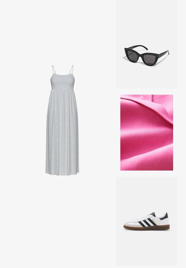 Struktura roza tkanina, gladka s rahlim sijajem, z diagonalnim tkanjem in mehkimi draperijami. Bogata barvna nasičenost povečuje vizualno privlačnost.; Črtasta obleka s tankimi naramnicami. Ima vertikalne modre in bele črte, prilegajoč top in tekočo, nabranim krilo.; beli usnjeni športni copat z črnimi semišo detajli, tremi črnimi črtami, bež gumijastim podplatom in zlatim logotipom "SPEZIAL" na strani.; Črne mačke-oko sončna očala z mat zaključkom, ki imajo sive tonirane leče, ostre kote in eleganten stranski del. Ime blagovne znamke je vidno na notranjem ročaju.