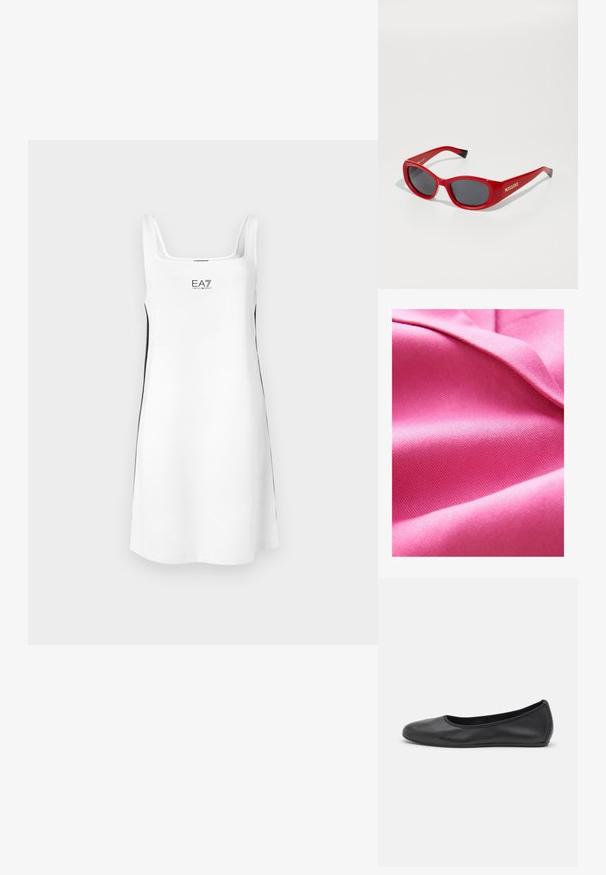 Tekstuuriga roosa kangas, sile ja kerge läikega, millel on diagonaalne kudumis muster ja pehme riputamine. Rikkalik värvitoonus suurendab visuaalset atraktiivsust.; Valge ilma varrukateta kleit ruudukujulise kaelusega, mustade küljeaktsentidega ja esisega logo "EA7". Valmistatud pehmest ja siledast kangast.; Musthave mustika tantsutossud mustast nahast, ümmarguse varbaga, siledast tekstuurist, minimaalse õmblusdetailiga ja paindliku tallakujundusega.; Punased plastist prillid, millel on õhuke ovaalne raam. Omavad tumedaid läätse ja kuldset brändingut küljel. Mustad aktsendid templeite otstes.