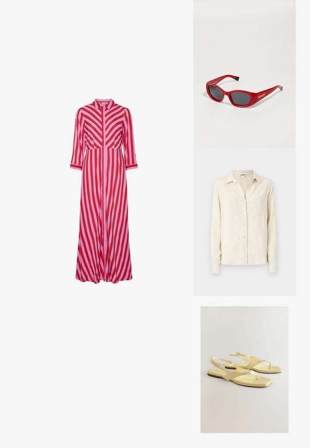 Textúrovaná ružová tkanina, hladká s jemným leskom, s diagonálnym tkaním a mäkkým splývaním. Bohatá saturácia farieb zvyšuje vizuálnu príťažlivosť.; Svetlo béžová dlhá košeľa s gombíkmi a golierom, dvomi náprsými vreckami a textúrovaným povrchom.; Dlhé košeľové šaty s diagonálnymi pruhmi v červenej a ružovej farbe na striedačku. Vyrobené z ľahkého materiálu, s rukávmi po tri štvrtiny.; Žlté ploché sandále s textúrovaným vrchom z umelej kože, dizajn s prstovým pásikom a členkovým remienkom s malou prackou. Štvorecový tvar špičky, minimalistický štýl.; Červené plastové slnečné okuliare so štíhlym, oválnym rámom. Obsahujú tmavé šošovky a zlaté logo na strane. Čierne akcenty na koncoch straníc.; Tkaná slamenná kabelka v obdĺžnikovom tvare, s hnedou koženou rúčkou a striebornými prvkami, v prírodnej béžovej farbe a textúre.