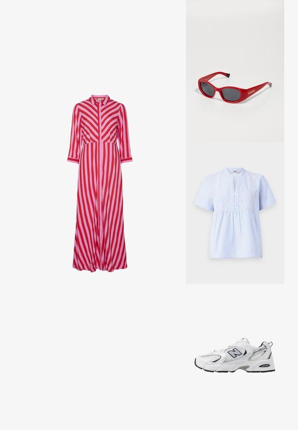 Texturerat rosa tyg, slätt med en lätt lyster, med ett diagonalt vävmönster och mjuk fall. Rik färgmättnad ökar den visuella tilltalande.; Ljusblå kortärmad blus med vita vertikala ränder, med ett broderat blommönster på oket och knäppning.; Lång knäppklänning med växlande röd och rosa diagonala ränder. Tillverkad av lätt material med trekvartsärmar.; Vit sportskor med överdel i mesh, marinblå accenter och dämpad sula. Har "N"-logotyp, snörning och texturerad detalj på sidan.; Röda plastsolglasögon med en smal, oval ram. Har mörka linser och guldlogotyp på sidan. Svarta detaljer vid tempeländarna.; Vävd halmclutch i rektangulär form, med ett länkat läderrem i tan-färg och silver-tonad hårdvara, i en naturlig beige färg och textur.