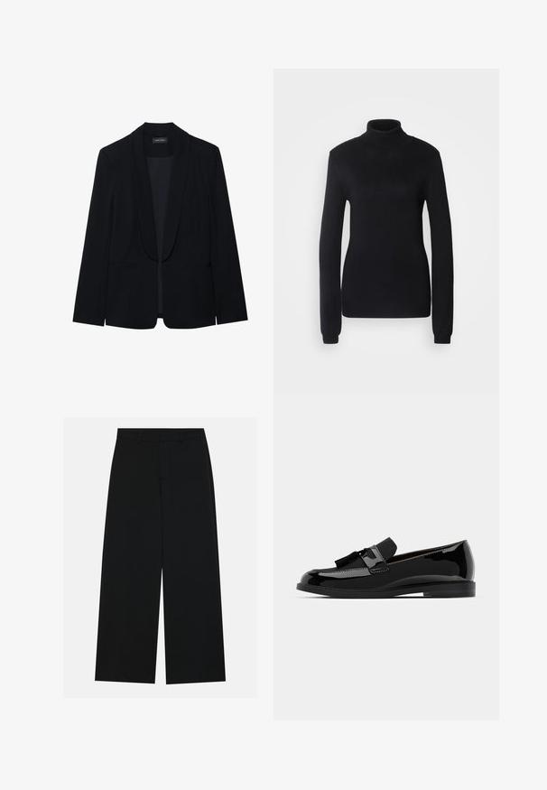 Μαύρο σακάκι με πιεσμένο γιακά, κλείσιμο με έναν μόνο κουμπί, δύο μπροστινές τσέπες και λείο, υφασματώδη υλικό. Χωρίς ορατά μοτίβα ή διακοσμήσεις.; Μαύρο πουλόβερ με ψηλό λαιμό φτιαγμένο από μαλακό ύφασμα πλέξιμο, με μακριά μανίκια και εφαρμοστή σιλουέτα, καθώς και ριγέ γιακά και τελείωμα.; Φαρδιά μαύρα παντελόνια από λείο ύφασμα. Διαθέτουν επίπεδη μέση με θηλιές ζώνης και χωρίς ορατές τσέπες. Απλή σχεδίαση.; Μαύρες πατέντες λευκές λοφάτες με επίπεδο τακούνι, που διαθέτουν διακόσμηση με κρόσια και λεία επιφάνεια, σχεδιασμένες με στρογγυλή μύτη και διακριτές ραφές.