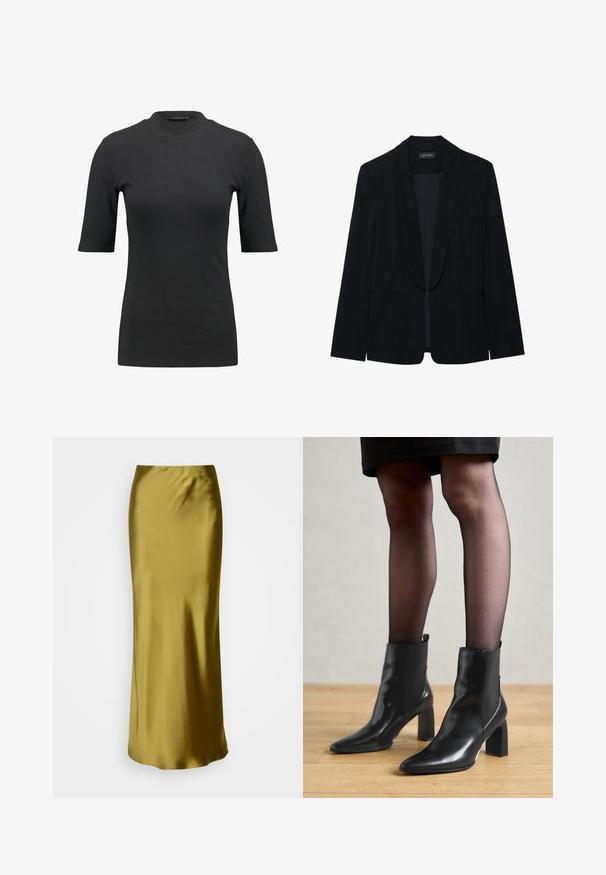 Črn blazer s koničastim izrezom, zapiranjem na en gumb, dvema sprednjima žepoma in gladko, teksturirano tkanino. Brez vidnih vzorcev ali okraskov.; Črna rebrasta majica s high neckline in kratkimi rokavi. Gladek, oprijet dizajn brez vzorcev ali vidnih kovinskih delov.; Saten, olivno zeleni, kratok visok pas s sleek, prilagojenim dizajnom, koničasto oblikovan in gladke teksture, namenjen dolžini do tal.; Črne usnjene gležnjarje s koničastim nosom, masivnim kvadratnim petam in sleek oblikovanjem. Imajo elastične stranske panele za enostavno obuvanje.