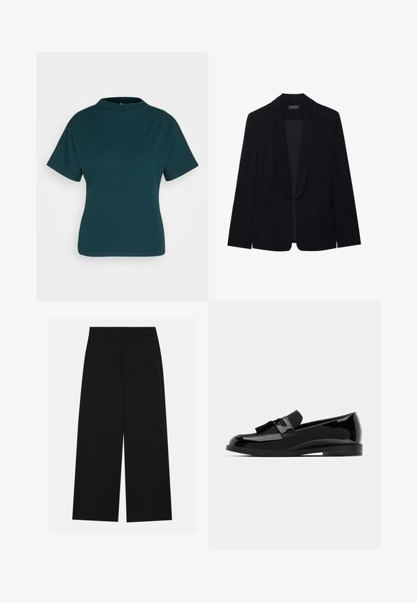 Mustr Black bleiser, terava krae, ühe nupu sulgemine, kaks esi-taskut ja sile, tekstuuriga kangas. Ükski muster ega dekoratsioon ei ole nähtav.; Teal värvi lühikese varrukaga särk kõrge kaelusega, valmistatud siledast kangast. Omab liibuvat siluetti ja minimaalseid õmbluse detaile.; Laiad mustad püksid, mis on valmistatud siledast kangast. Omavad tasast vööpinki koos vöölõngadega ja ilma nähtavate taskuteta. Lihtne disain.; Mustmust nahkloafrid, millel on lame kont, ehted frantsiisi ja sile pind, ümmarguse varba ja peene õmblusega.