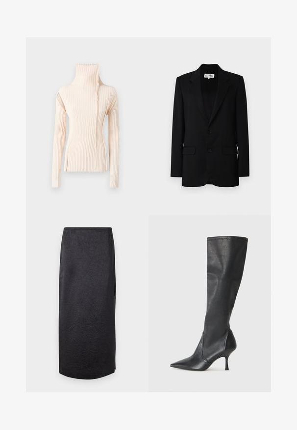MM6 Maison Margiela JACKET - Σακάκι - black; Ριμπέ περίχου ασύμμετρο μπεζ. Διαθέτει μακριά μανίκια και μοναδικό κυματιστό σχέδιο κατά μήκος του λαιμού, κατασκευασμένο από μαλακό ύφασμα πλέξης.; Μαύρη μίντι φούστα με στραβωμένο υφή, ίσια γραμμή και άνοιγμα στο πλάι. Το υλικό φαίνεται ελαφρύ. Η γραμμή της ποδιού είναι ελαφρώς στρογγυλή.; Μαύρες δερμάτινες μπότες μέχρι το γόνατο με μυτερή μύτη και λεπτό τακούνι στιλέτο. Λείος υφασμάτινος σχεδιασμός και ραφή στην άκρη του επάνω μέρους.