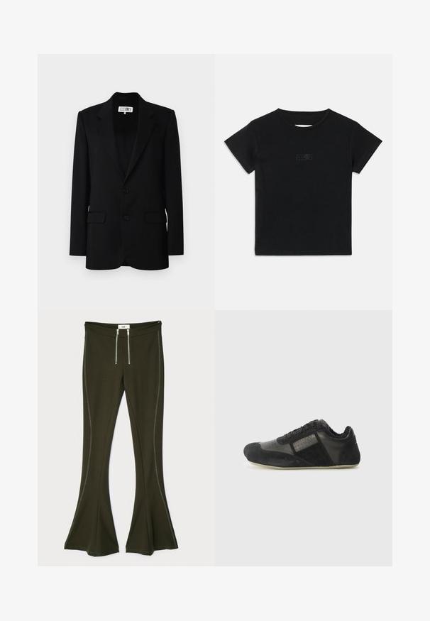 MM6 Maison Margiela JACKET - Bleizeris - black; Juodas medvilnės marškinėliai su trumpomis rankovėmis, apvaliu iškirpimu ir maža grafika šviesesnėje atspalvyje priekyje.; Tamsiai alyvuogių žalios spalvos platiems kelniams, pagamintiems iš elastingos medžiagos, su metaliniais užtrauktukų detalėmis ir kontrastinėmis šoninėmis siūlėmis.; Juodos sportinės bateliai pagaminti iš zomšos ir odos medžiagų. Yra apvalus pirštas, pradžios raišteliai, tekstūruoti akcentai ir lankstus padas.