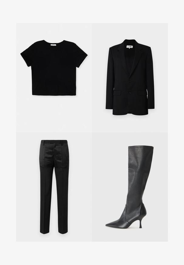 MM6 Maison Margiela JACKET - Blazer - black; Sort cropped t-shirt lavet af blødt bomuld, har korte ærmer, en rund halsudskæring og en ren kant uden udsmykninger.; Sorte skræddersyede bukser med lige ben og en livrem med bæltesløjfer, der har en blanding af matte og glinsende stofpaneler.; Knæhøje sorte læderstøvler med spidse tæer og slanke stiletto-hele. Glat tekstur med en tætsiddende design og syninger ved toppen.