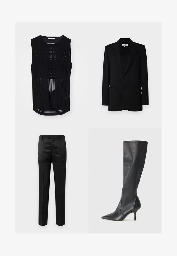 MM6 Maison Margiela JACKET - Bleiser - black; Must have kõrge kaelusega must lühikeste varrukatega top, millel on vertikaalne ribikujundus. Omab ümmargust kaelarõngast ja veidi pikemat seljaäärte. Kerge ja läbipaistev materjal.; Mustad ülikondpüksid sirgete jalgadega ja vöökoht, millel on vööaasad, koos mattide ja läikivate kangaste paneelidega.; Knee-high mustad nahksaapad terava nina ja kitsaste stiilsete kontsadega. Sile tekstuur sobiva disainiga ja õmblused ülemisel serval.