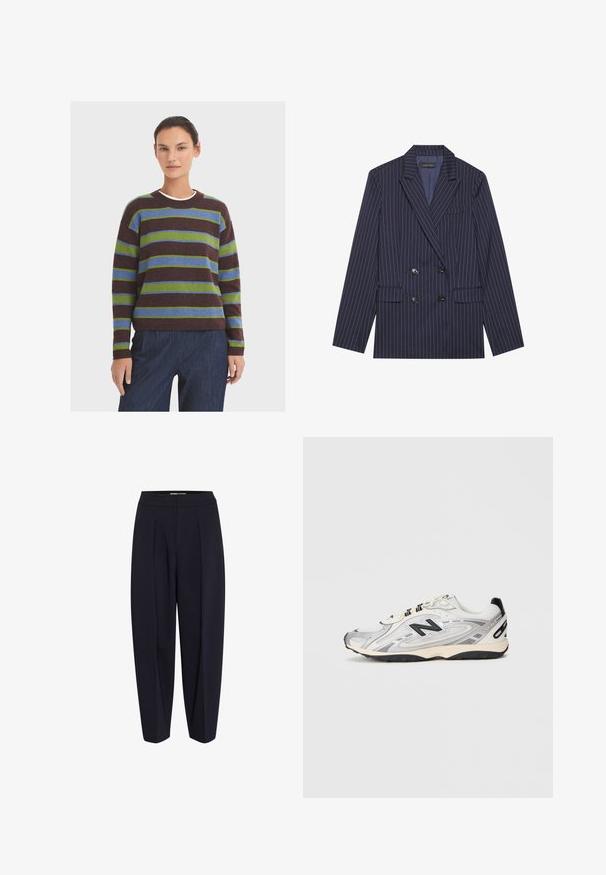 Dvouřadový námořnický blejzr s bílými proužky, s klopami, dvěma předními kapsami a šesti černými knoflíky, s hladkou strukturou látky.; Pruhovaný svetr v tmavě hnědé, zelené a modré barvě. Kulatý výstřih, dlouhé rukávy a žebrované manžety. Měkká, texturovaná tkanina. Spárováno s tmavě modrými kalhotami.; Námořnické kalhoty s vysokým pasem, s předními záhyby a tapered leg designem. Vyrobené z hladkého materiálu bez viditelného kování nebo vzorů.; Šedá a bílá sportovní bota s kulatou špičkou, síťovinou a syntetickými materiály, černými akcenty a texturovanou gumovou podrážkou.