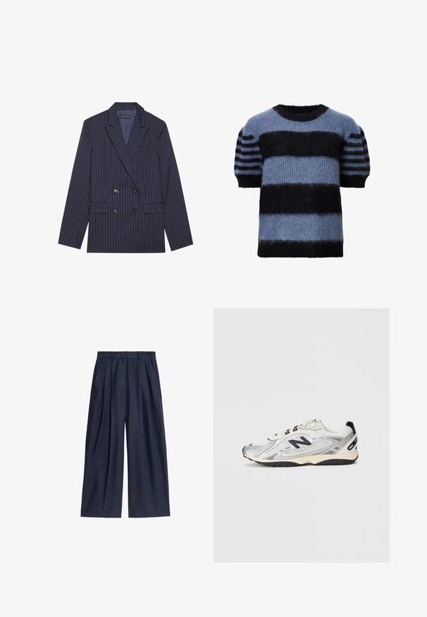 Doppelt gebundene marineblaue Blazer mit weißen Nadelstreifen, Reverskragen, zwei Fronttaschen und sechs schwarzen Knöpfen, verfügt über eine glatte Stoffoberfläche.; Kurzarm-Pullover in gemischten Blau- und Schwarztönen, mit dicken horizontalen Streifen und einer weichen, flauschigen Textur. Rundhalsausschnitt, lockere Passform.; Marineblaue weit geschnittene Hosen aus Leinen, mit hohem Bund, gefaltetem Vorderteil und Seitentaschen für Funktionalität.; Grauer und weißer Sportschuh mit abgerundeter Zehe, aus Mesh- und Synthetikmaterialien, schwarzen Akzenten und einer strukturierten Gummisohle.