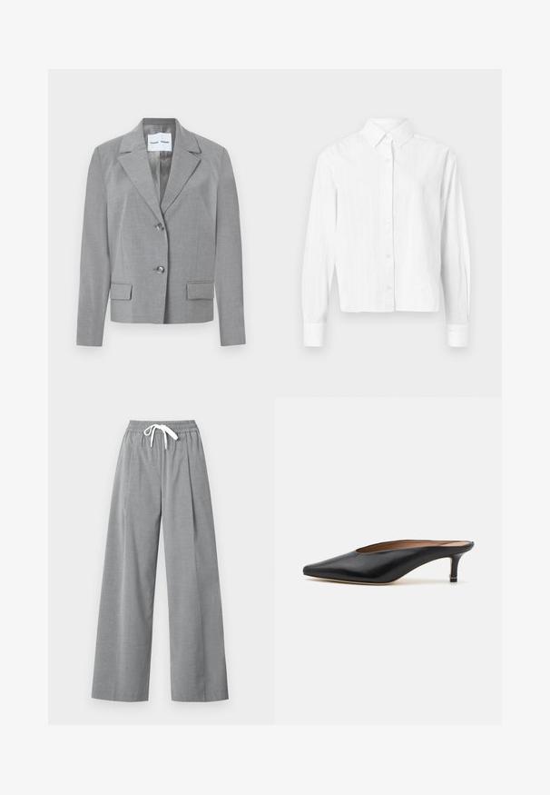 Grijze op maat gemaakte blazer met een gekartelde kraag, knoopsluiting met twee knopen en twee voorkruiszakken met een soepele textuur. Gevoerde binnenkant.; Witte overhemd met knopen, gemaakt van lichtgewicht stof. Heeft lange mouwen, een klassieke kraag en subtiele verticale strepen. Geknipte ontwerp.; Grijze wijde allelengte broeken van lichtgewicht stof met een geplooide voorkant en een elastische tailleband met een witte trekkoord.; Zwarte leren muiltjes met een puntige neus en een lage, blokhak. Glad oppervlak met een gestroomlijnd ontwerp. Open achterkant met minimale details.