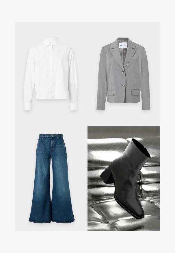 Grauer maßgeschneiderter Blazer mit geknöpftem Revers, Zwei-Knopf-Verschluss und zwei vorderen Taschen mit glatter Textur. Gefüttertes Innere.; Weißes Hemd mit Knopfleiste aus leichtem Stoff. Mit langen Ärmeln, klassischem Kragen und dezenten vertikalen Streifen. Kurz geschnittenes Design.; Weite Taillenjeans aus Denim in dunkelblauem Waschung, mit hoher Taille, vorderem Knopfverschluss und klassischem Fünf-Taschen-Design. Glatte Textur.; Schwarzer Knöchelstiefel aus glänzendem Material mit quadratischer Zehenform und verjüngtem Absatz, vor einem glänzenden silbernen gepolsterten Hintergrund.