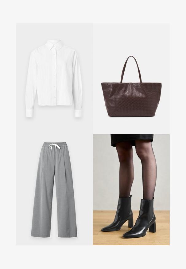 Gray tailored blazer featuring a notched collar, two-button closure, and two front pockets with a smooth texture. Lined interior.; White button-up shirt made of lightweight fabric. Features long sleeves, a classic collar, and subtle vertical stripes. Cropped design.; Gray wide-leg trousers made of lightweight fabric with a pleated front and an elastic waistband featuring a white drawstring.; Black leather ankle boots with a pointed toe, chunky square heel, and sleek design. Features elastic side panels for easy wear.; Brown woven leather tote bag with two handles, a structured shape, and a textured surface, featuring a diamond pattern throughout.