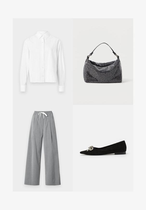 Blazer grigio su misura con colletto a risvolto, chiusura a due bottoni e due tasche frontali con una finitura liscia. Interno foderato.; Camicia bianca a maniche lunghe realizzata in tessuto leggero. Presenta un colletto classico e sottili righe verticali. Design corto.; Pantaloni grigi a gamba larga realizzati in un tessuto leggero, con una parte anteriore plissettata e una vita elastica dotata di un laccio bianco.; Scarpa piatta in suede nera con punta affusolata, decorata con un elegante fiocco argentato sul davanti, con tacco basso.; Borsa nera e argento con superficie intrecciata e texturizzata, caratterizzata da motivi a quadrati, un'unica maniglia superiore e un design morbido.